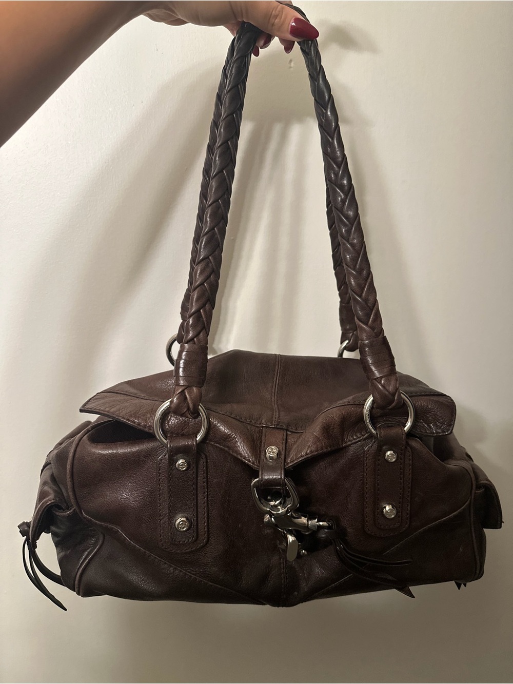 Francesco Biasia Chocolate Brown Leather Braided Handle Tote Bag